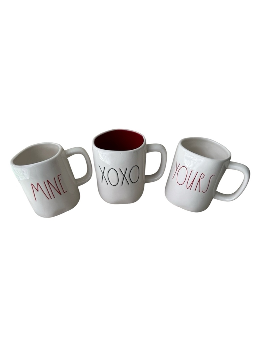 RAE DUNN 3 coffee mug set YOURS, MINE & XOXO red & white